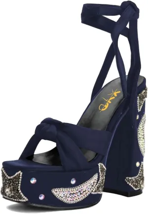 XYD Women Elegant High Chunky Heel Star Moon Studded Rhinestones Platform Sandals Open Square Toe Lace Up Strappy Pumps Evening Party Shoes