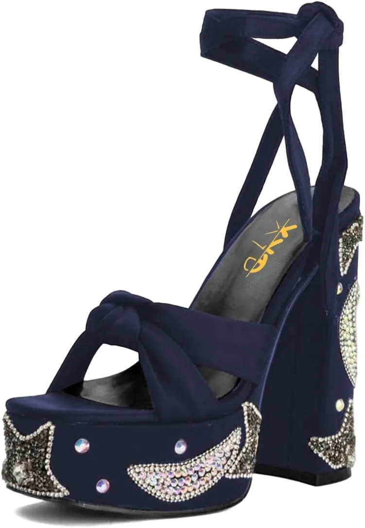 XYD Women Elegant High Chunky Heel Star Moon Studded Rhinestones Platform Sandals Open Square Toe Lace Up Strappy Pumps Evening Party Shoes