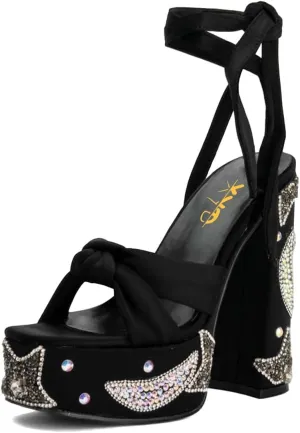 XYD Women Elegant High Chunky Heel Star Moon Studded Rhinestones Platform Sandals Open Square Toe Lace Up Strappy Pumps Evening Party Shoes