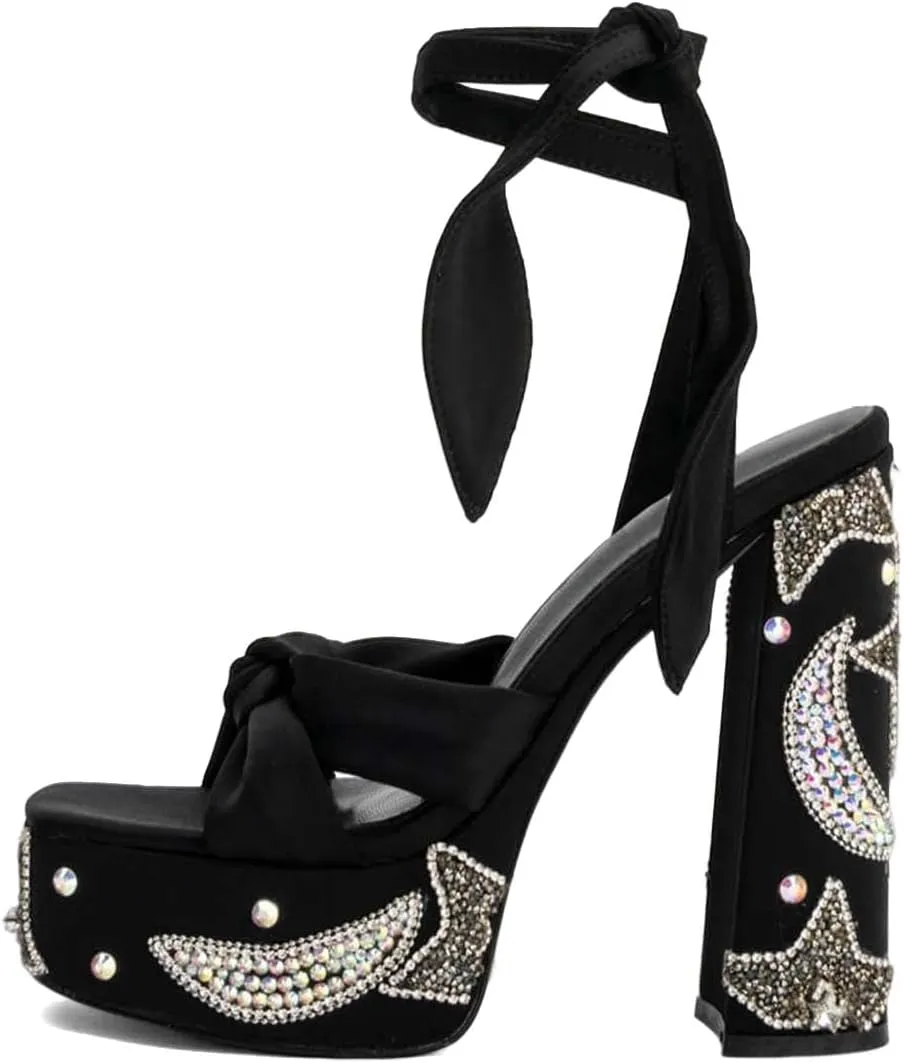 XYD Women Elegant High Chunky Heel Star Moon Studded Rhinestones Platform Sandals Open Square Toe Lace Up Strappy Pumps Evening Party Shoes