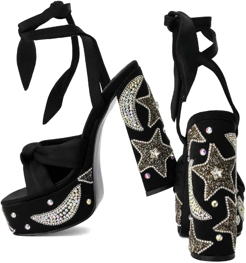 XYD Women Elegant High Chunky Heel Star Moon Studded Rhinestones Platform Sandals Open Square Toe Lace Up Strappy Pumps Evening Party Shoes