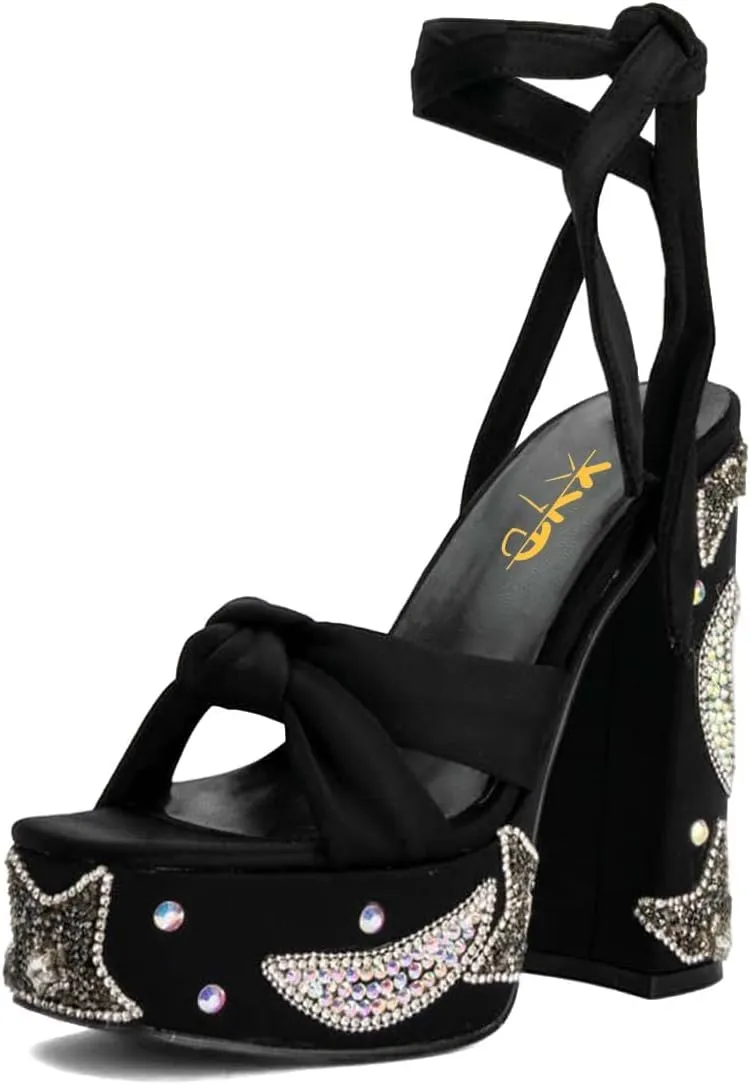XYD Women Elegant High Chunky Heel Star Moon Studded Rhinestones Platform Sandals Open Square Toe Lace Up Strappy Pumps Evening Party Shoes