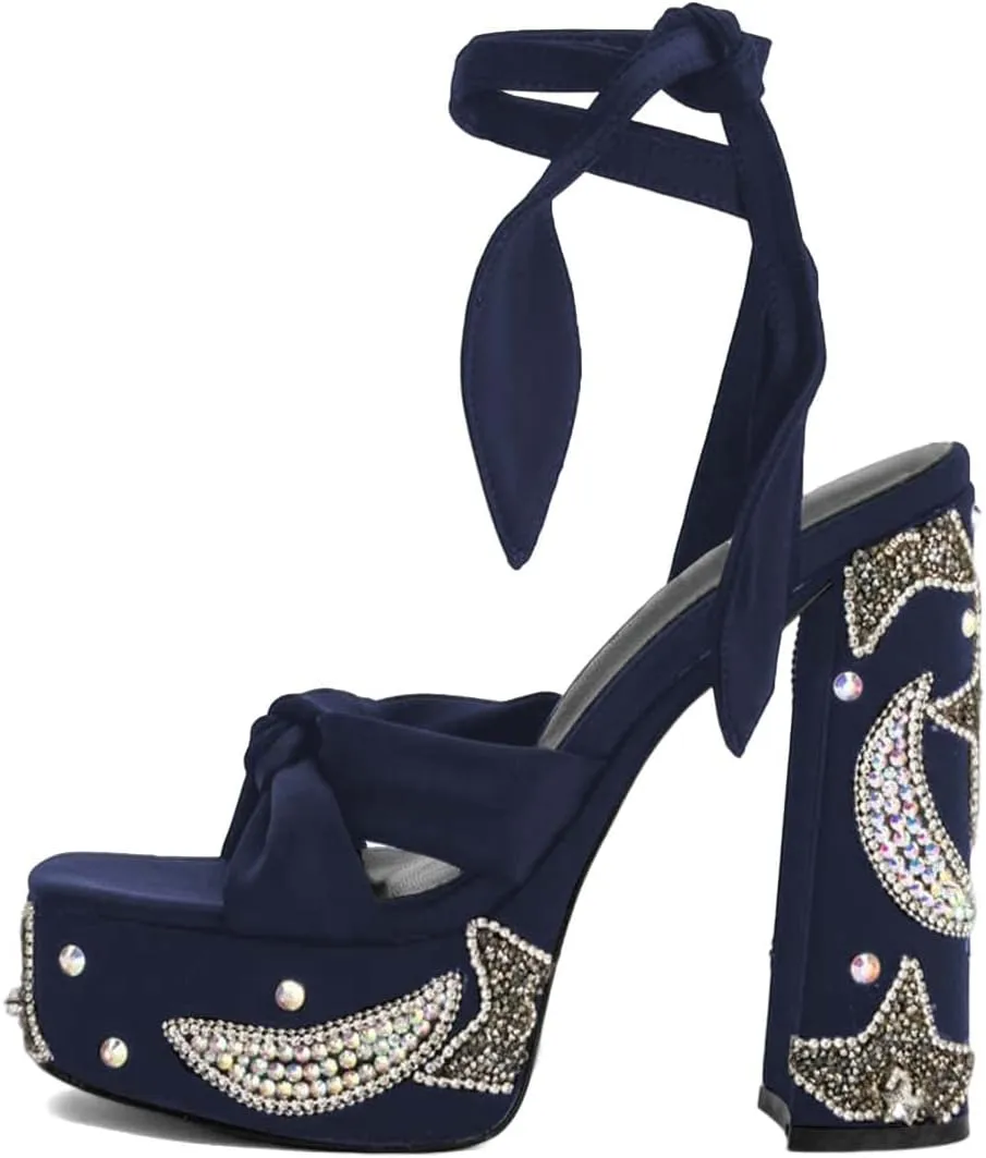 XYD Women Elegant High Chunky Heel Star Moon Studded Rhinestones Platform Sandals Open Square Toe Lace Up Strappy Pumps Evening Party Shoes