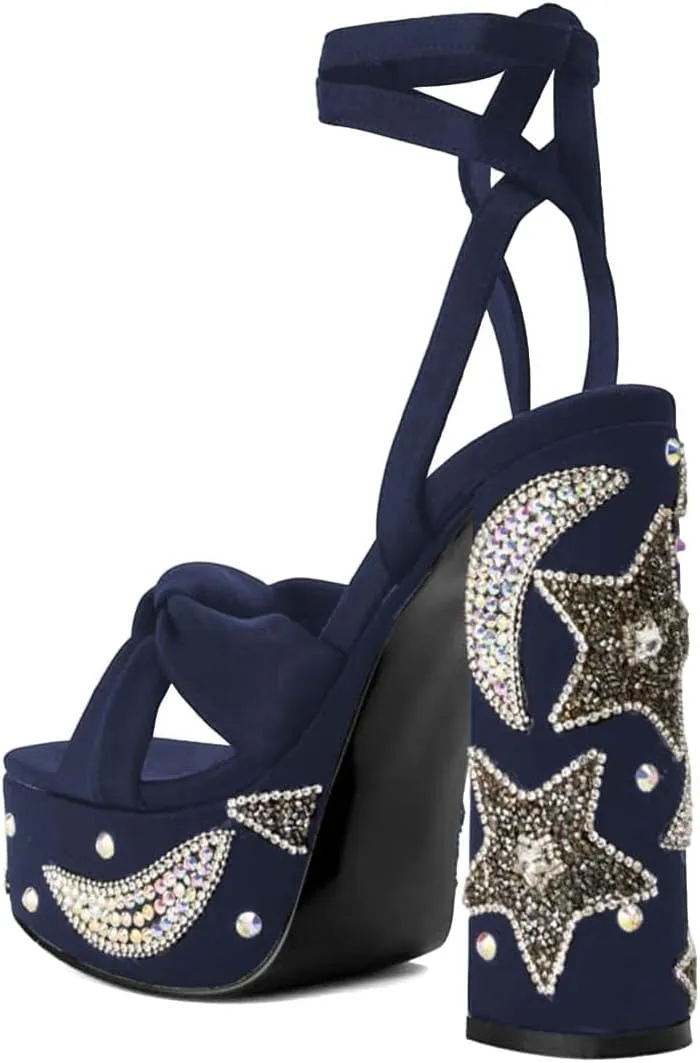 XYD Women Elegant High Chunky Heel Star Moon Studded Rhinestones Platform Sandals Open Square Toe Lace Up Strappy Pumps Evening Party Shoes