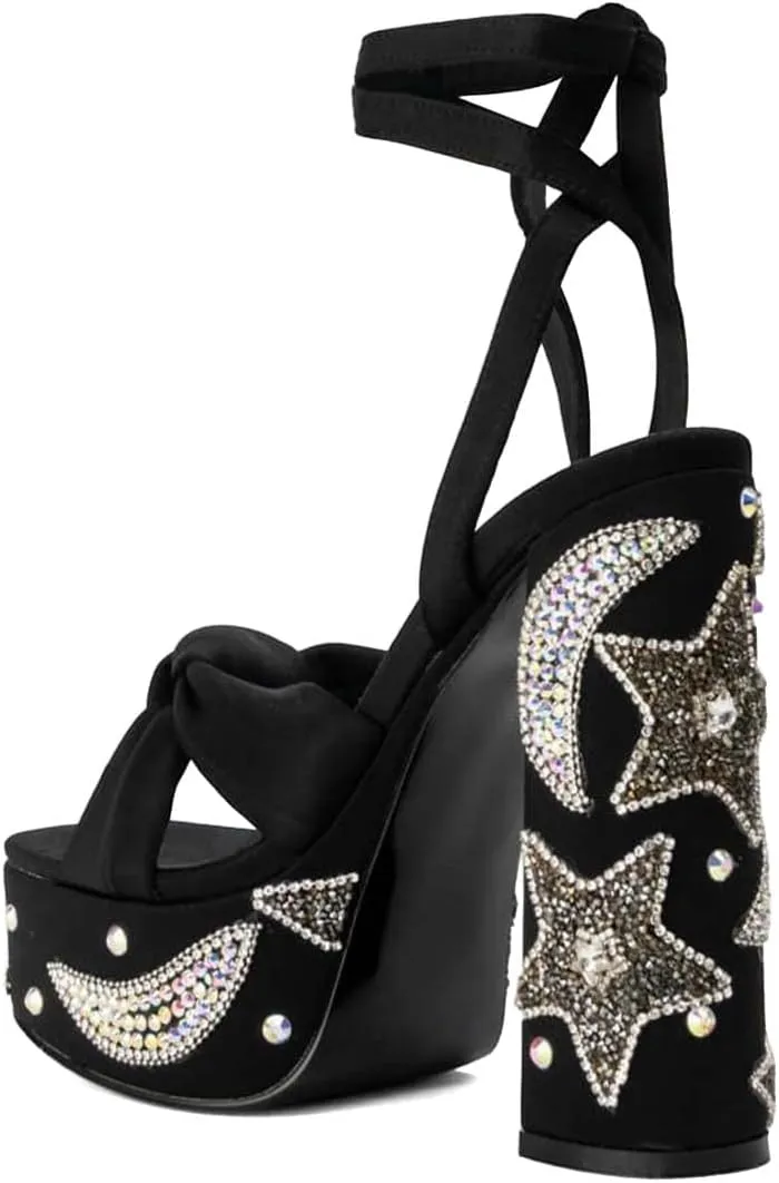 XYD Women Elegant High Chunky Heel Star Moon Studded Rhinestones Platform Sandals Open Square Toe Lace Up Strappy Pumps Evening Party Shoes