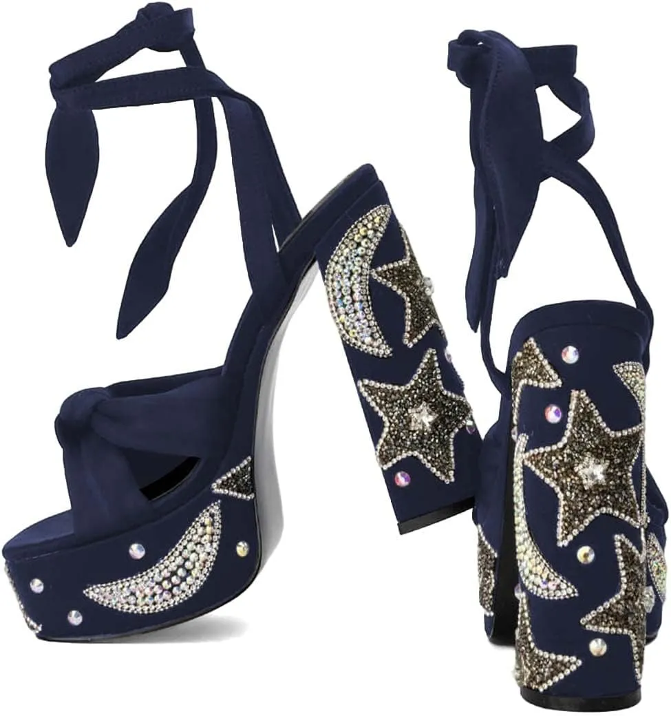 XYD Women Elegant High Chunky Heel Star Moon Studded Rhinestones Platform Sandals Open Square Toe Lace Up Strappy Pumps Evening Party Shoes