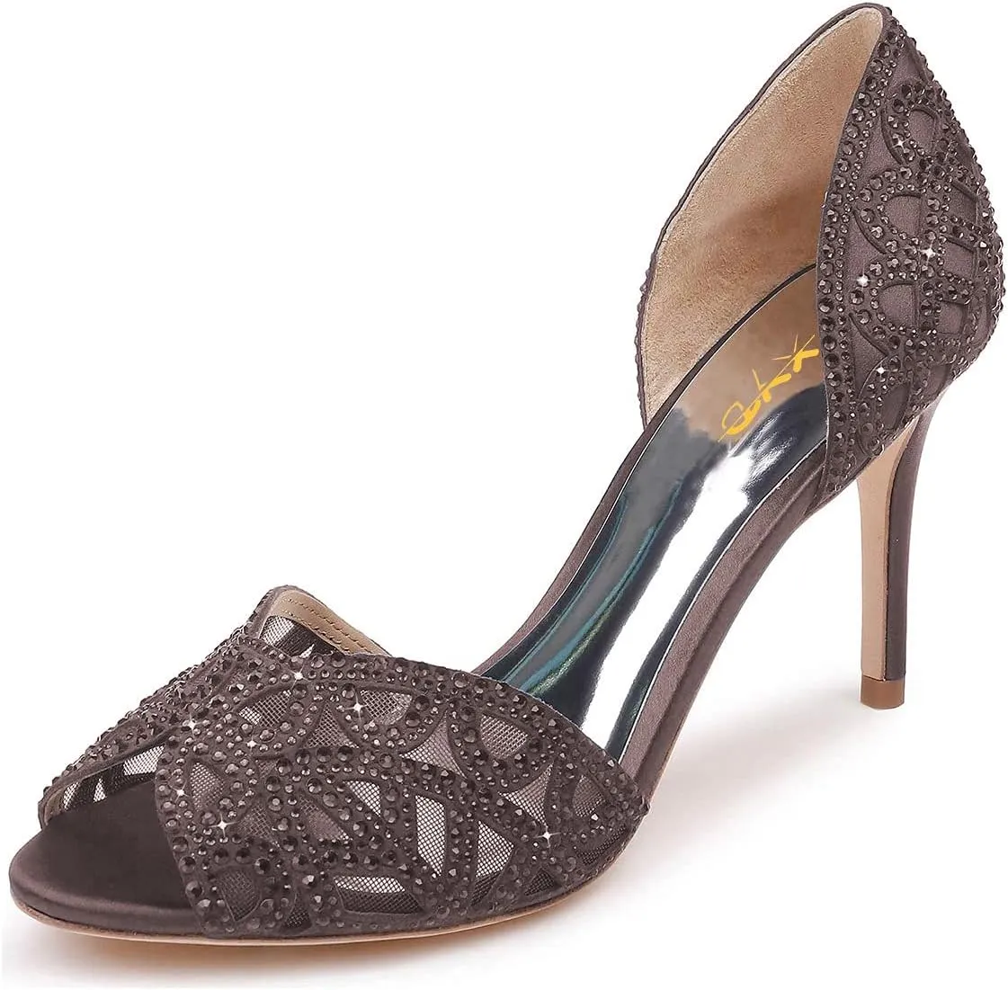 XYD Women Elegant Peep Toe Rhinestone Pumps D'Orsay Mid Heel Slip On Wedding Dress Shoes