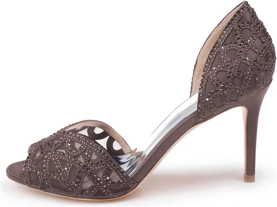XYD Women Elegant Peep Toe Rhinestone Pumps D'Orsay Mid Heel Slip On Wedding Dress Shoes