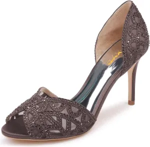 XYD Women Elegant Peep Toe Rhinestone Pumps D'Orsay Mid Heel Slip On Wedding Dress Shoes