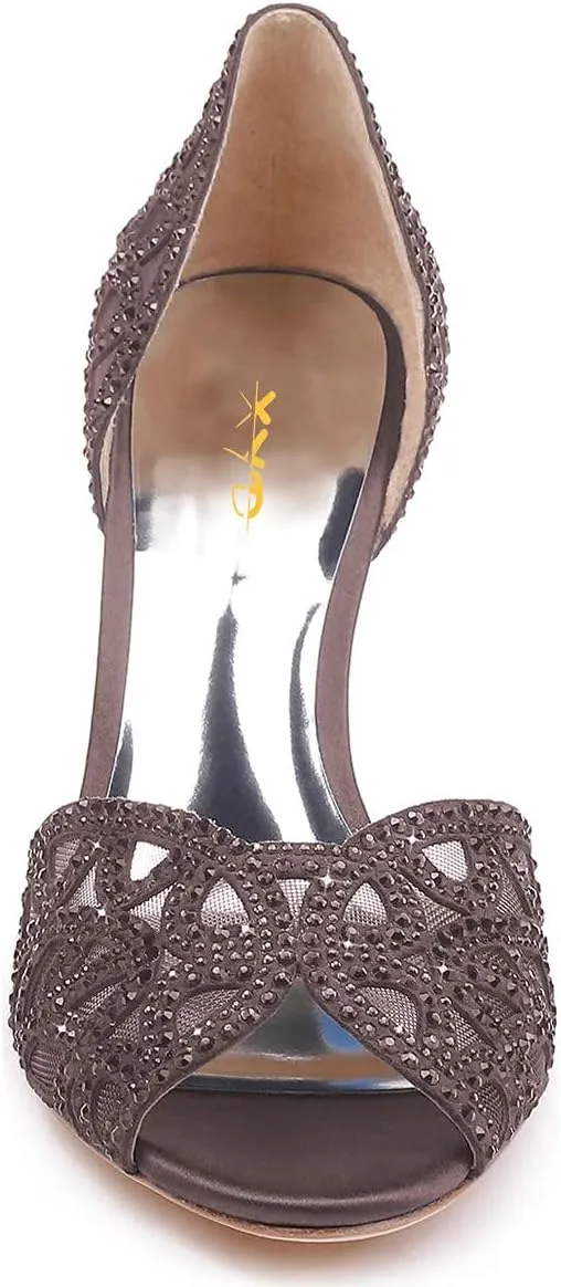XYD Women Elegant Peep Toe Rhinestone Pumps D'Orsay Mid Heel Slip On Wedding Dress Shoes