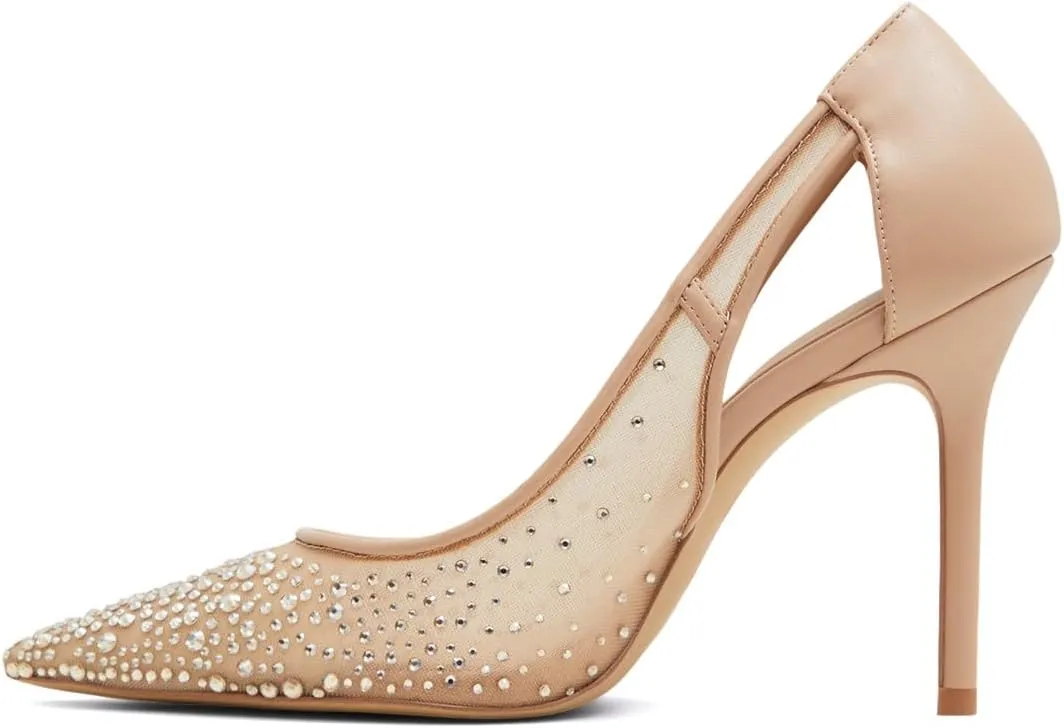 XYD Women Elegant Pointy Toe Mesh Pumps Rhinestones Crystals Stiletto Heels Slip-ons Bridal Evening Shoes