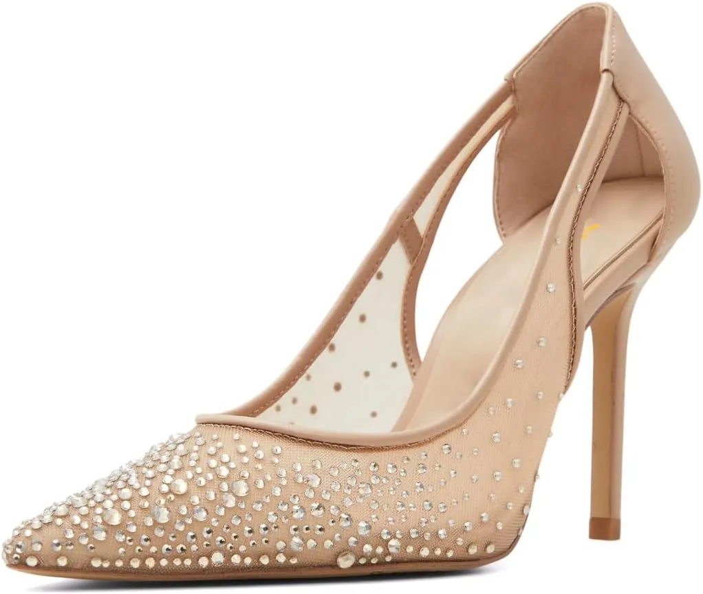 XYD Women Elegant Pointy Toe Mesh Pumps Rhinestones Crystals Stiletto Heels Slip-ons Bridal Evening Shoes