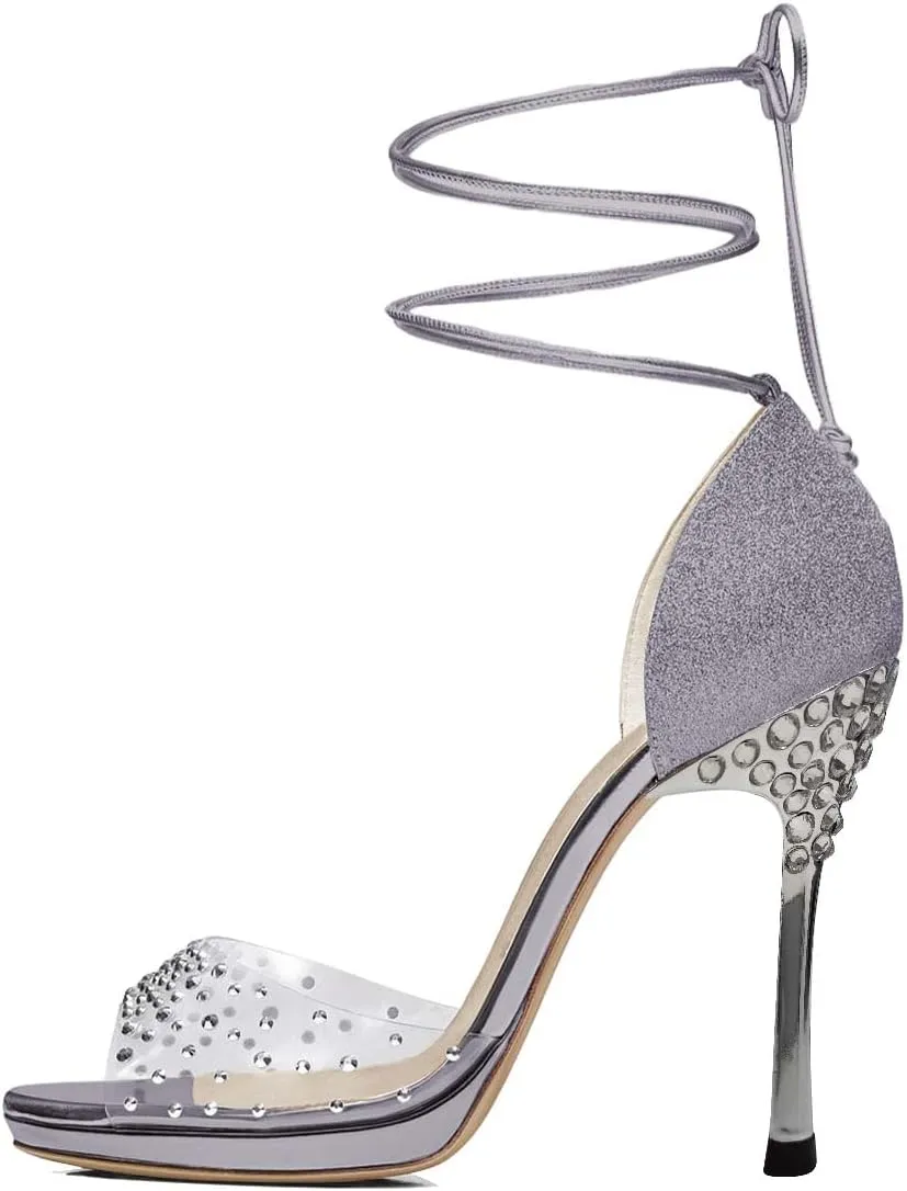 XYD Women Glitter Open Toe Lace Up Sandals High Heel Stiletto Rhinestones Pumps Prom Dance Ballroom Elegant Dress Shoes