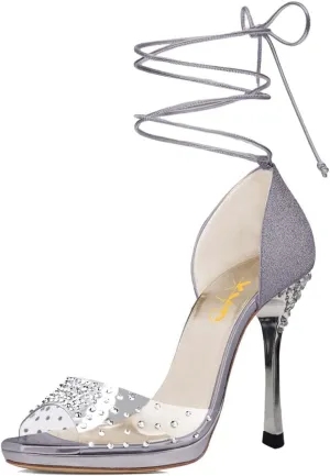 XYD Women Glitter Open Toe Lace Up Sandals High Heel Stiletto Rhinestones Pumps Prom Dance Ballroom Elegant Dress Shoes