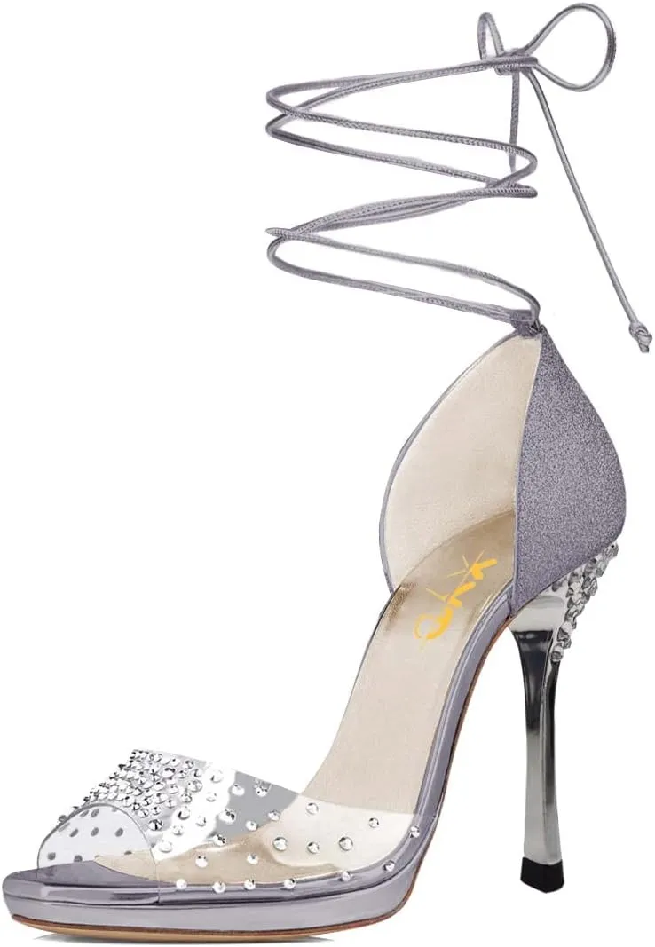 XYD Women Glitter Open Toe Lace Up Sandals High Heel Stiletto Rhinestones Pumps Prom Dance Ballroom Elegant Dress Shoes