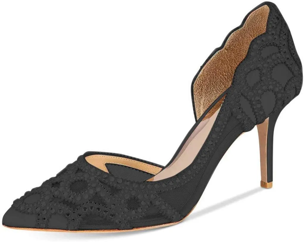 XYD Women Pointy Toe Crystal Studded Bridal Pumps High Heel Slip On D'Orsay Mesh Rhinestone Wedding Dress Shoes