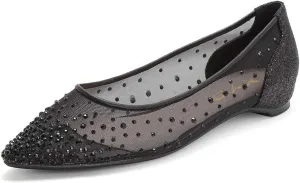 XYD Women Rhinestones Studded Ballet Flats Mesh Rivets Hidden Heels Slip On Pointed Toe Evening Dressy Shoes