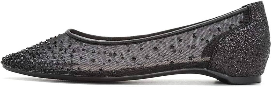 XYD Women Rhinestones Studded Ballet Flats Mesh Rivets Hidden Heels Slip On Pointed Toe Evening Dressy Shoes
