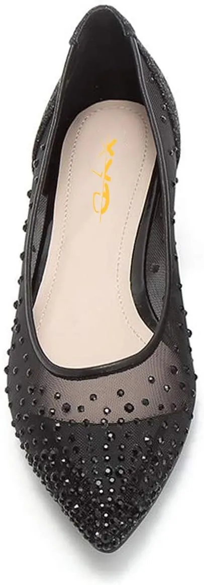 XYD Women Rhinestones Studded Ballet Flats Mesh Rivets Hidden Heels Slip On Pointed Toe Evening Dressy Shoes