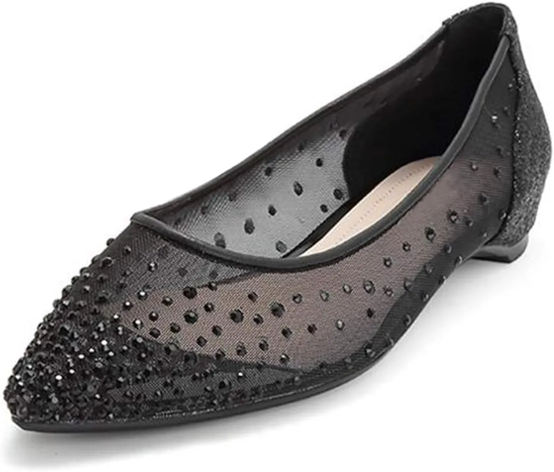 XYD Women Rhinestones Studded Ballet Flats Mesh Rivets Hidden Heels Slip On Pointed Toe Evening Dressy Shoes
