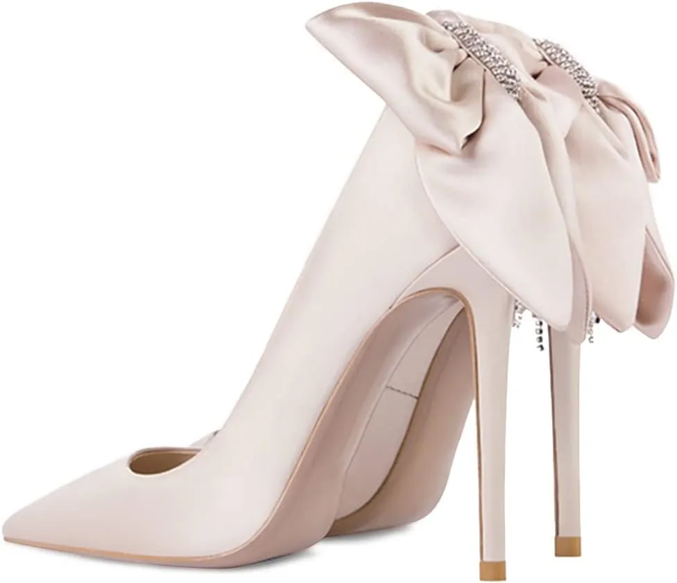 XYD Women Silk Satin Pointed Toe Slip On with Back Rhinestone Chains Bowknot Stiletto Heel Pumps Elegant Wedding Dress Prom Shoes