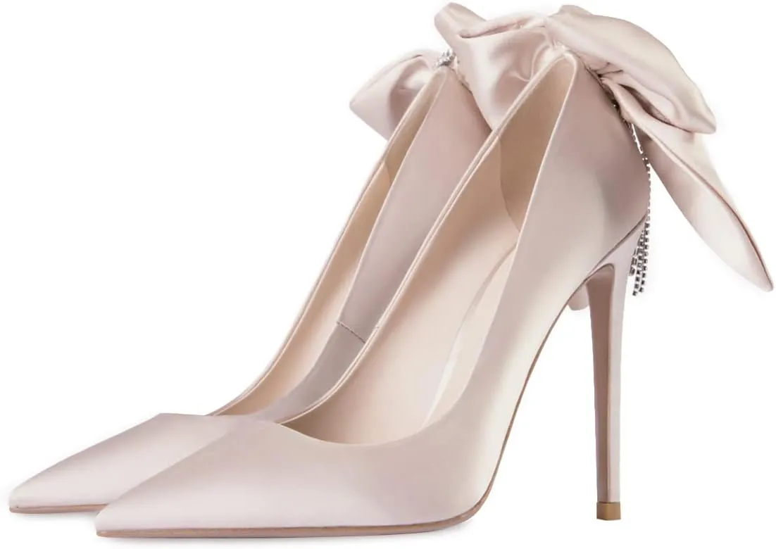 XYD Women Silk Satin Pointed Toe Slip On with Back Rhinestone Chains Bowknot Stiletto Heel Pumps Elegant Wedding Dress Prom Shoes