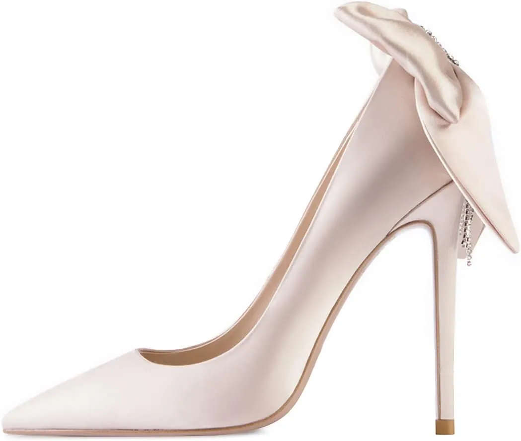 XYD Women Silk Satin Pointed Toe Slip On with Back Rhinestone Chains Bowknot Stiletto Heel Pumps Elegant Wedding Dress Prom Shoes