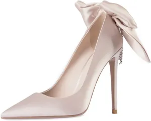 XYD Women Silk Satin Pointed Toe Slip On with Back Rhinestone Chains Bowknot Stiletto Heel Pumps Elegant Wedding Dress Prom Shoes