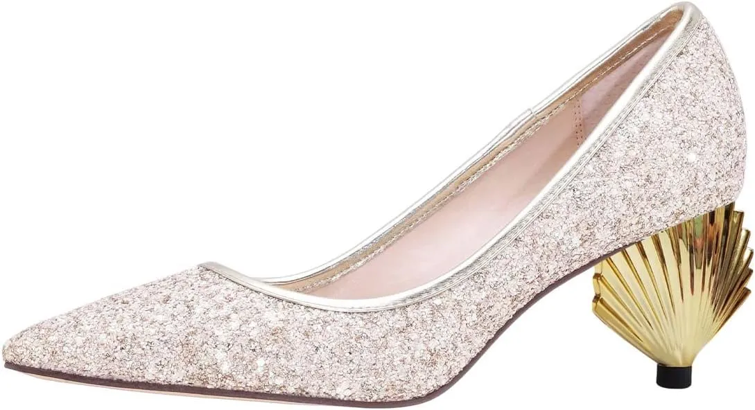 XYD Women Sparkly Glitter Closed Pointed Toe Slip On Pumps Mid Scallop Shape Heel Elegant Party Ballroom Cocktail Dressy Shoes