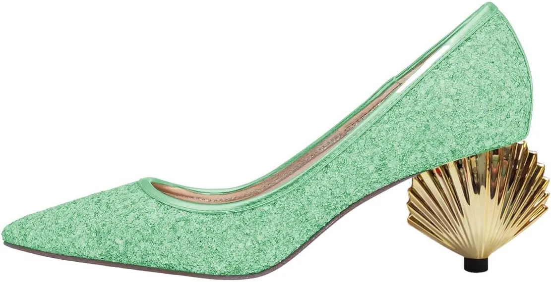 XYD Women Sparkly Glitter Closed Pointed Toe Slip On Pumps Mid Scallop Shape Heel Elegant Party Ballroom Cocktail Dressy Shoes