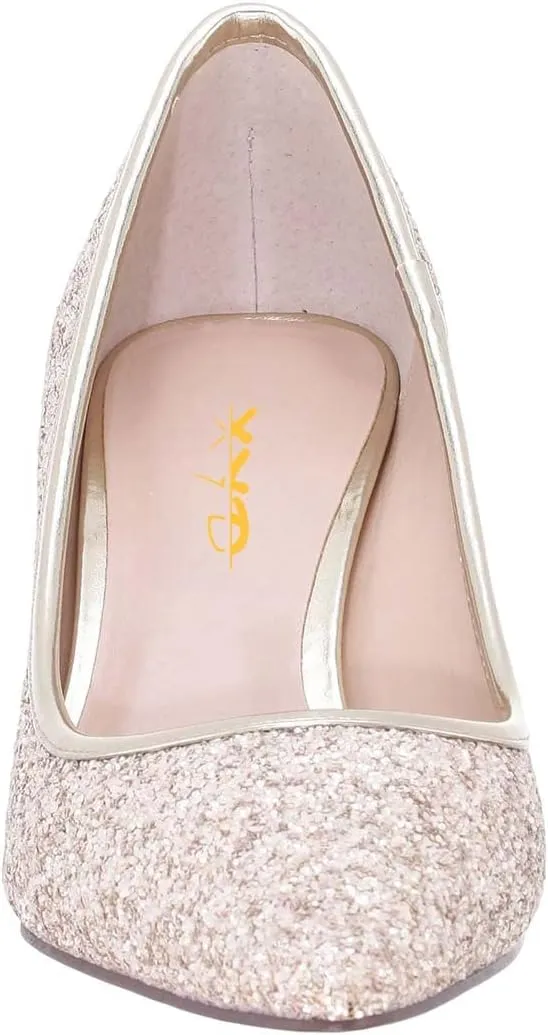 XYD Women Sparkly Glitter Closed Pointed Toe Slip On Pumps Mid Scallop Shape Heel Elegant Party Ballroom Cocktail Dressy Shoes
