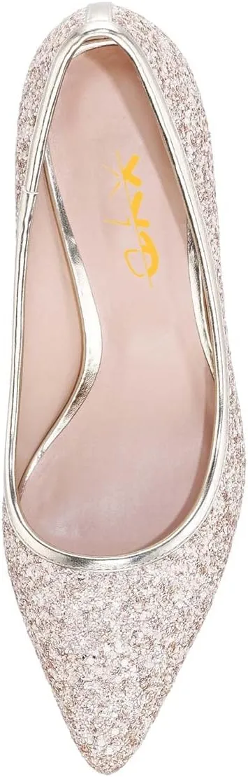 XYD Women Sparkly Glitter Closed Pointed Toe Slip On Pumps Mid Scallop Shape Heel Elegant Party Ballroom Cocktail Dressy Shoes