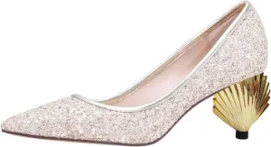 XYD Women Sparkly Glitter Closed Pointed Toe Slip On Pumps Mid Scallop Shape Heel Elegant Party Ballroom Cocktail Dressy Shoes