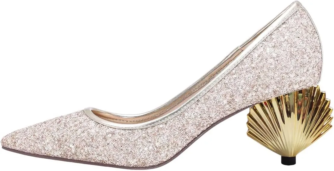 XYD Women Sparkly Glitter Closed Pointed Toe Slip On Pumps Mid Scallop Shape Heel Elegant Party Ballroom Cocktail Dressy Shoes