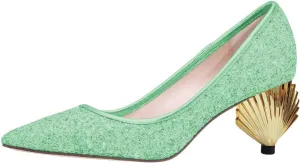 XYD Women Sparkly Glitter Closed Pointed Toe Slip On Pumps Mid Scallop Shape Heel Elegant Party Ballroom Cocktail Dressy Shoes