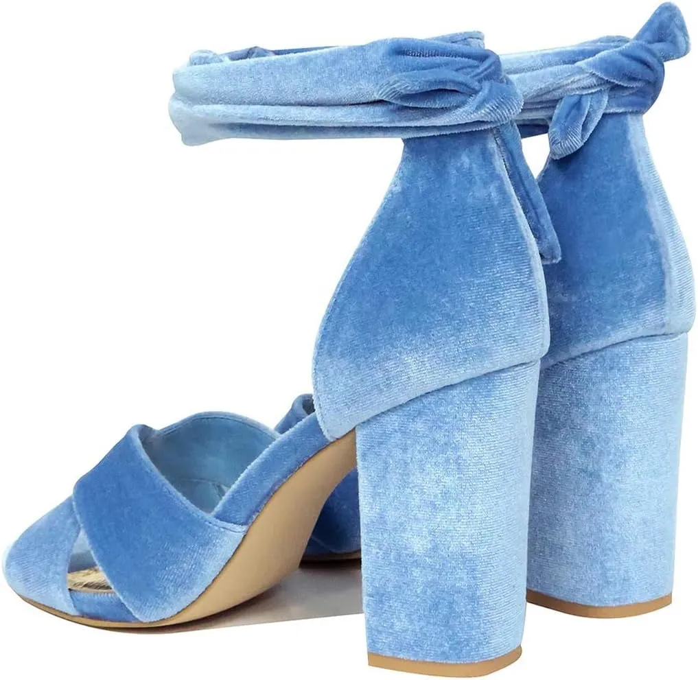 XYD Women Velvet Block Sandals Open Toe Ankle Strap Tie-up High Heel Pumps Elegant Wedding Summer Shoes