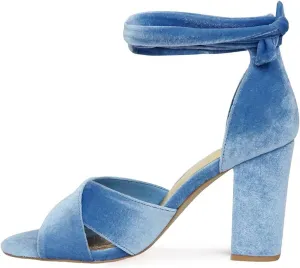 XYD Women Velvet Block Sandals Open Toe Ankle Strap Tie-up High Heel Pumps Elegant Wedding Summer Shoes