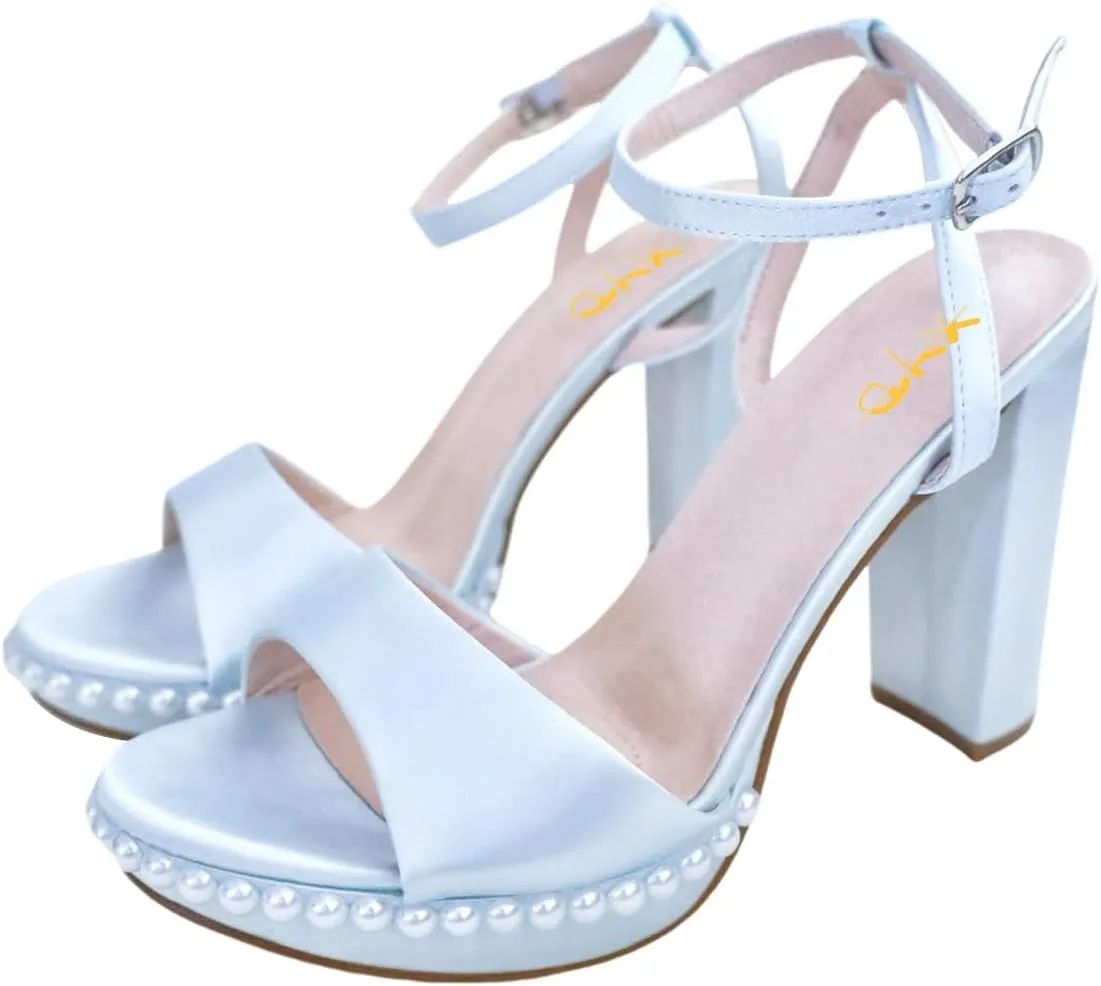 XYD Womens Brides Wedding Pearl Sandals Open Toe Block Platform High Heels Buckled Ankle Strap Satin Elegant Prom Shoes