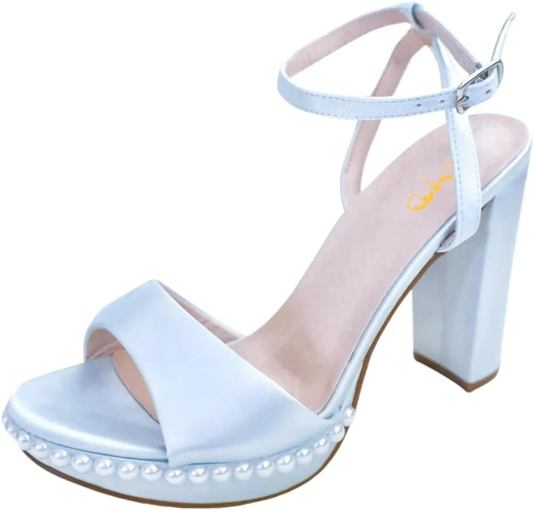 XYD Womens Brides Wedding Pearl Sandals Open Toe Block Platform High Heels Buckled Ankle Strap Satin Elegant Prom Shoes