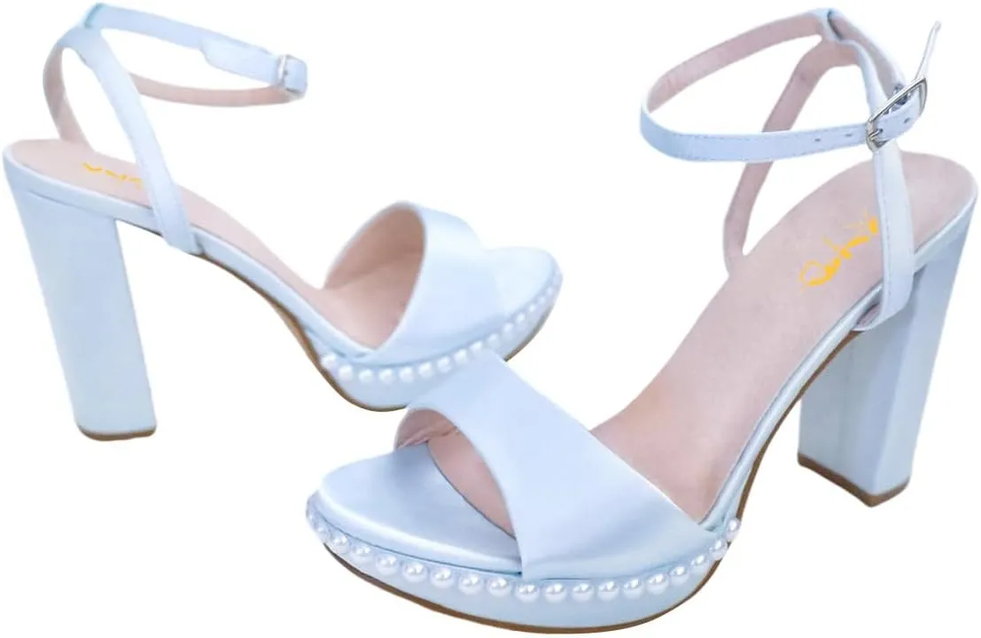 XYD Womens Brides Wedding Pearl Sandals Open Toe Block Platform High Heels Buckled Ankle Strap Satin Elegant Prom Shoes