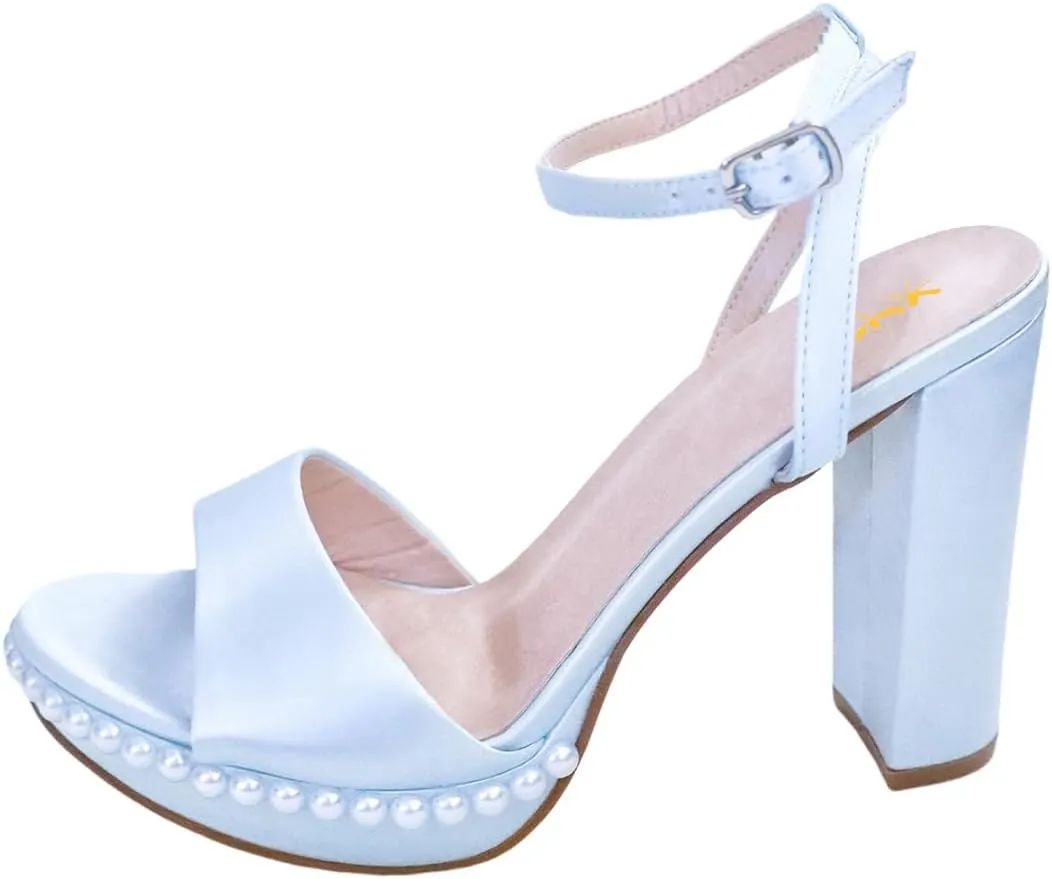 XYD Womens Brides Wedding Pearl Sandals Open Toe Block Platform High Heels Buckled Ankle Strap Satin Elegant Prom Shoes
