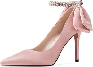 XYD Womens High Heels Back Bowtie Bridal Wedding Shoes Satin Pointed Closed Toe Elegant Stiletto Rhinestone Ankle Strap Evening Party Sandals