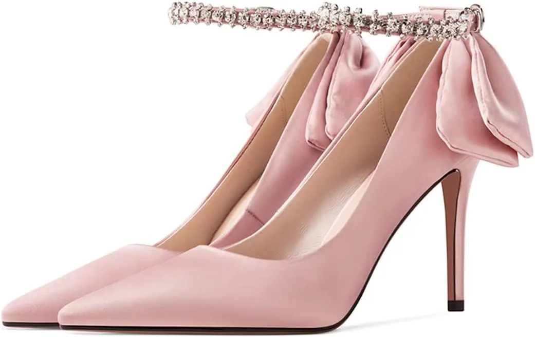 XYD Womens High Heels Back Bowtie Bridal Wedding Shoes Satin Pointed Closed Toe Elegant Stiletto Rhinestone Ankle Strap Evening Party Sandals