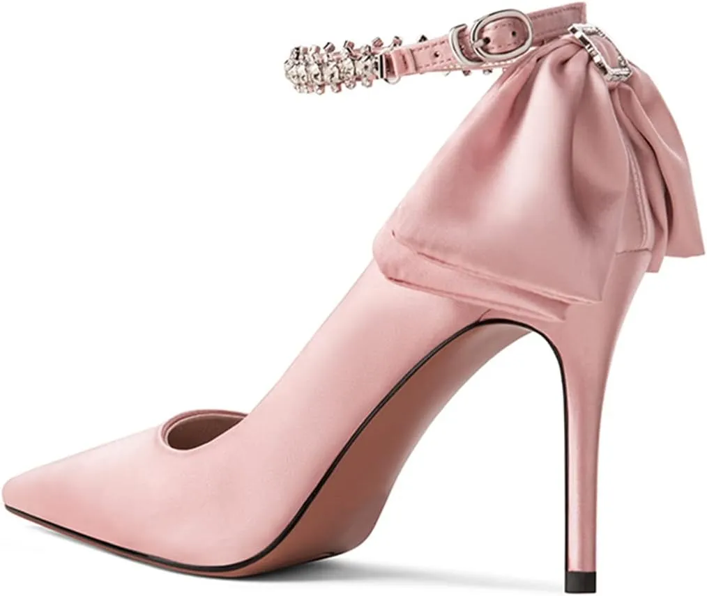 XYD Womens High Heels Back Bowtie Bridal Wedding Shoes Satin Pointed Closed Toe Elegant Stiletto Rhinestone Ankle Strap Evening Party Sandals