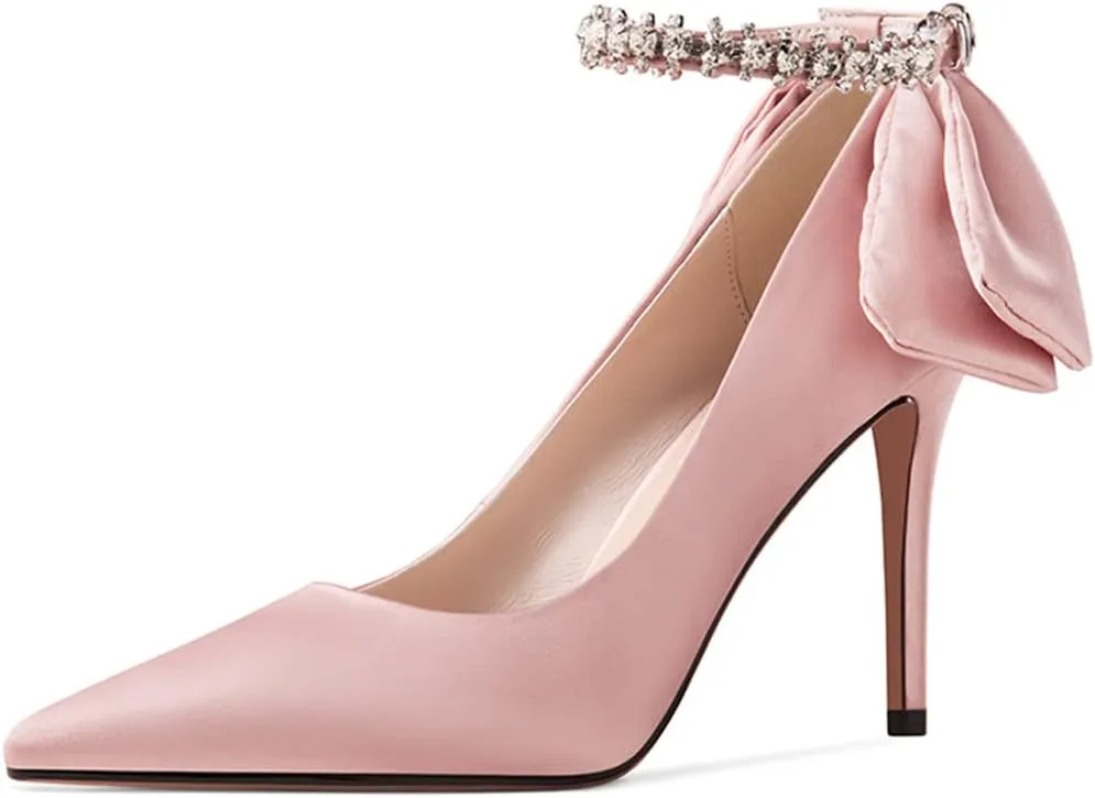XYD Womens High Heels Back Bowtie Bridal Wedding Shoes Satin Pointed Closed Toe Elegant Stiletto Rhinestone Ankle Strap Evening Party Sandals