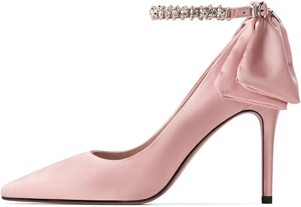 XYD Womens High Heels Back Bowtie Bridal Wedding Shoes Satin Pointed Closed Toe Elegant Stiletto Rhinestone Ankle Strap Evening Party Sandals