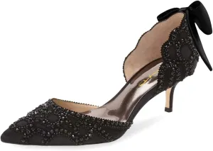 XYD Women's Pumps, Elegant Pointed Toe, D'Orsay Bowknot Kitten Low Heels, Rhinestone Studs, Slip-On Satin Shoes for Wedding