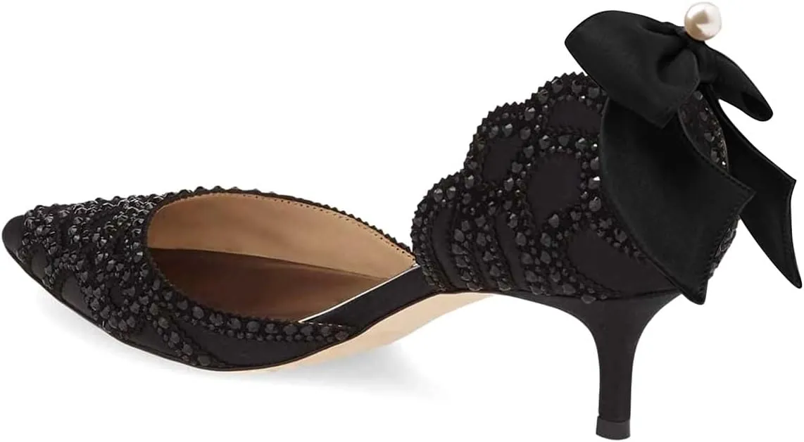 XYD Women's Pumps, Elegant Pointed Toe, D'Orsay Bowknot Kitten Low Heels, Rhinestone Studs, Slip-On Satin Shoes for Wedding