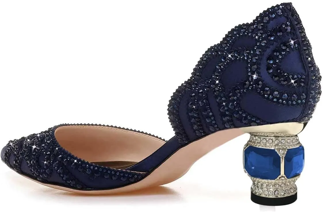 XYD Women's Pumps, Elegant Pointed Toe, D'Orsay Crystal Chunky Low Heels 2 Inches, Rhinestone Studs, Slip-On Satin Shoes for Wedding