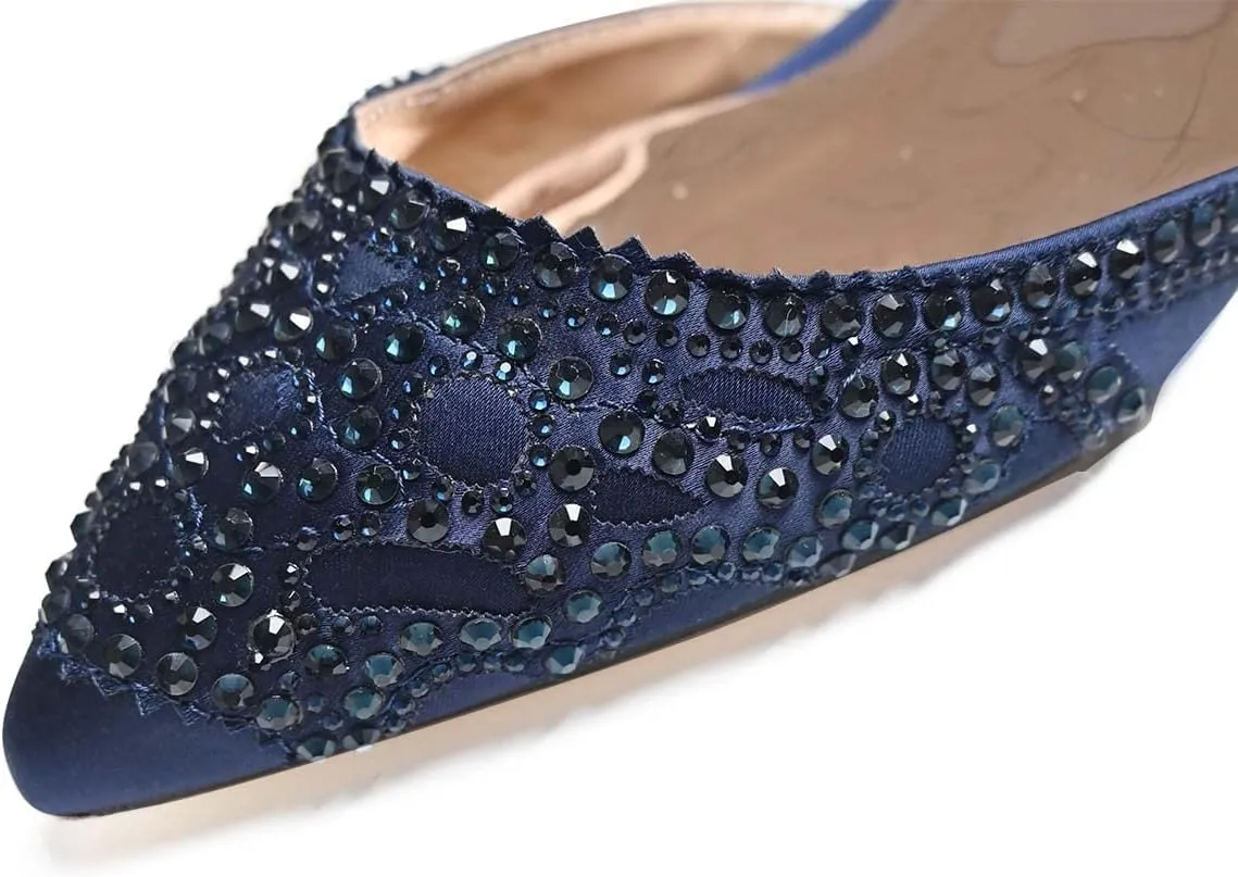 XYD Women's Pumps, Elegant Pointed Toe, D'Orsay Crystal Chunky Low Heels 2 Inches, Rhinestone Studs, Slip-On Satin Shoes for Wedding